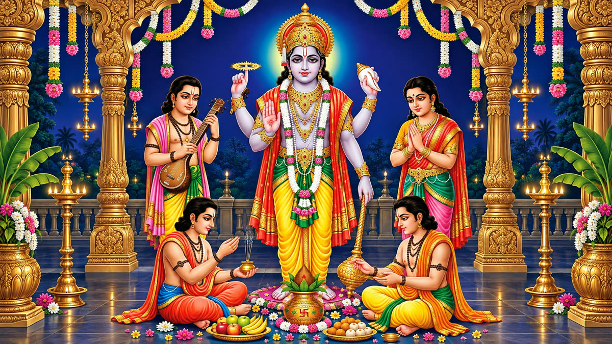 Lord Satyanarayan standing, with devotees at a puja