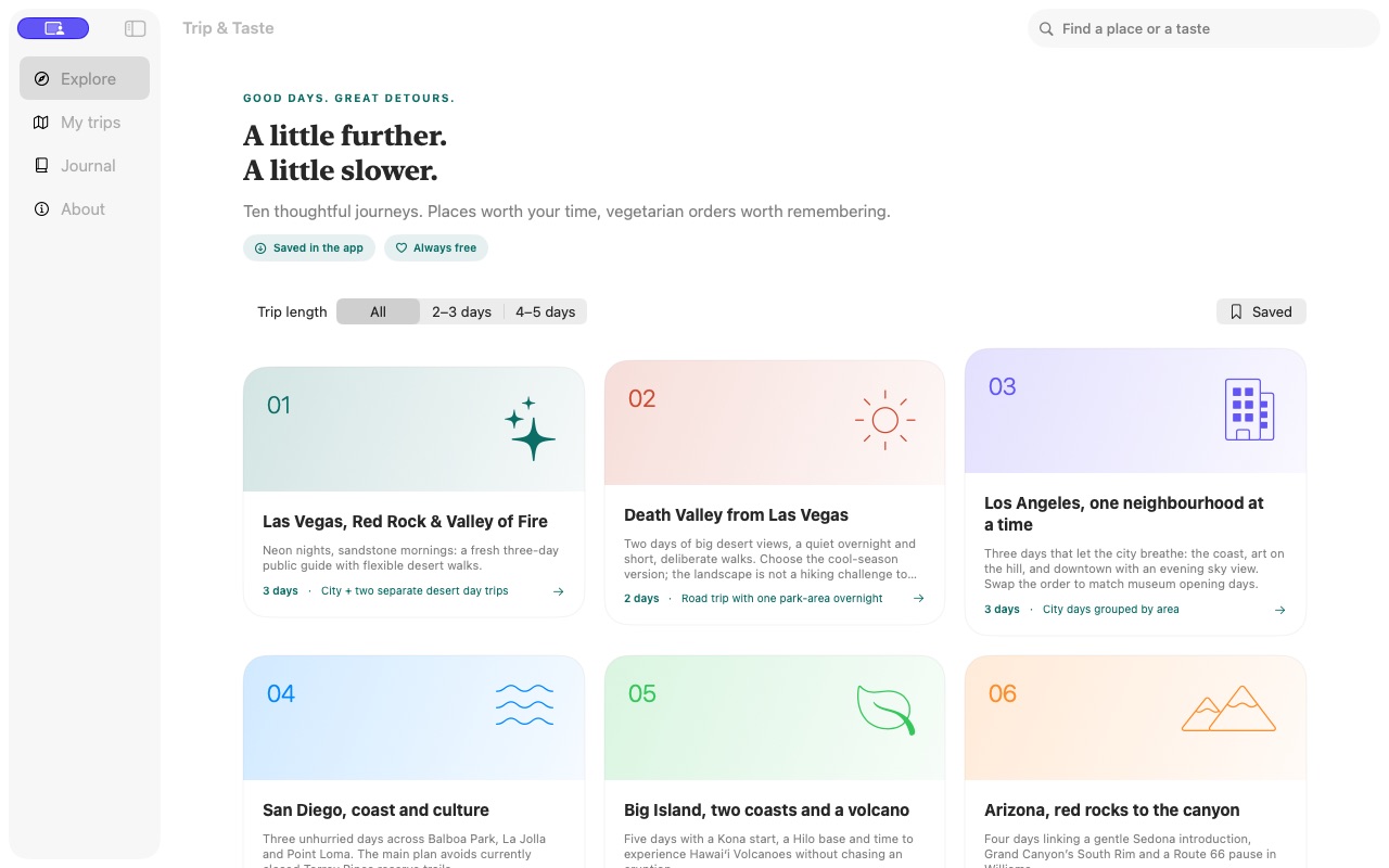 The actual native Mac app showing its colorful destination guide catalog.